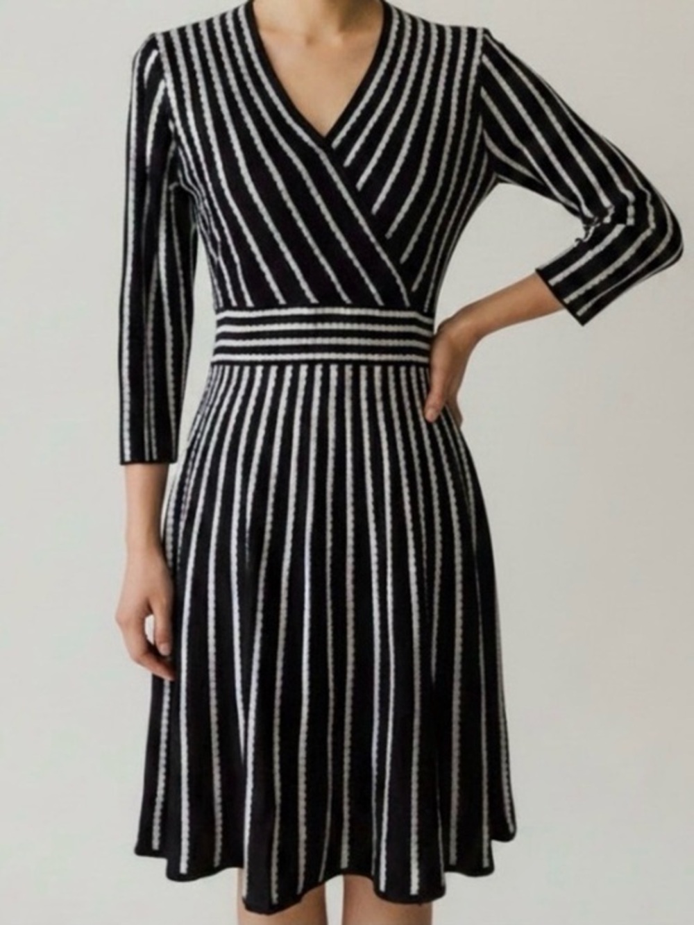 Calvin Klein Black & White Stripe Ribbed V-Neck A-Line Faux Wrap Dress Size S